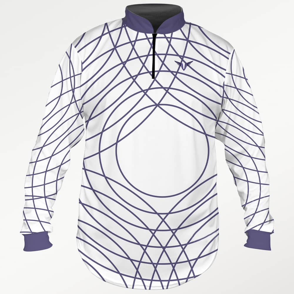 Jersey deportivo Valkiria de manga larga con cuello mao en color blanco, diseño de líneas geométricas en violeta y puños contrastantes. Ropa deportiva femenina para outdoor.